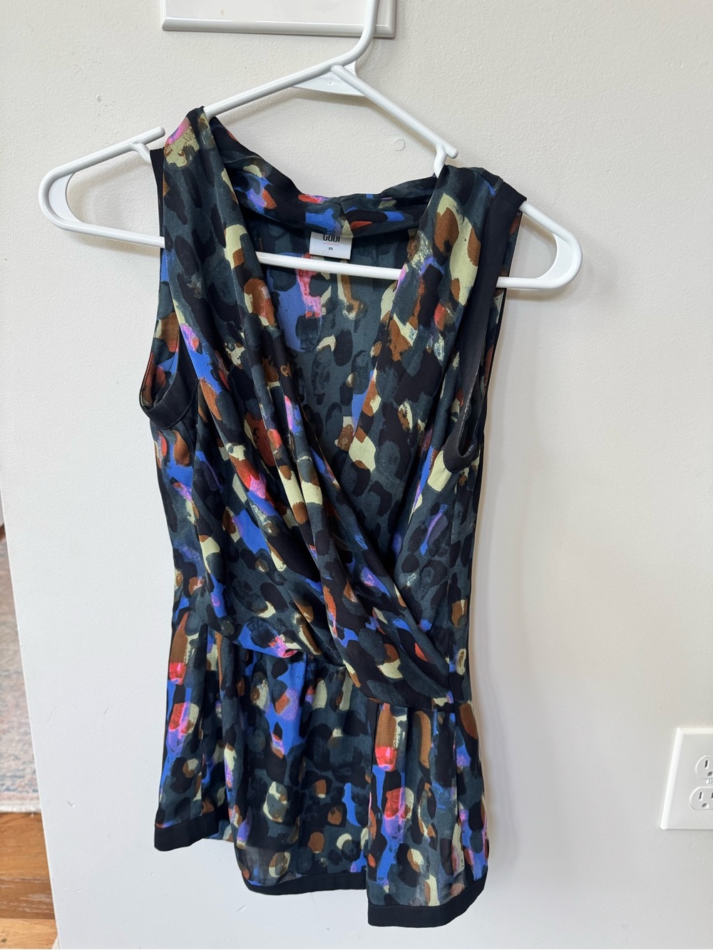 CAbi Black Multicolor Faux-Wrap Sleeveless Tunic